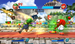 Luigi using his Special Attack on Knuckles in Dream Fencing