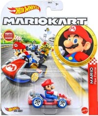 Carded Hot Wheels die-cast of Mario in the Pipe Frame with the Blue Standard tires.