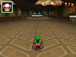 Luigi drives on the lower floor in Time Trial.