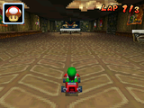Luigi drives on the lower floor in Time Trial.