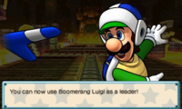 Screenshot of Boomerang Luigi's recruitment screen, from Puzzle & Dragons: Super Mario Bros. Edition.