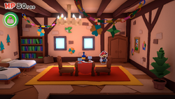 Mario standing near a wardrobe containing a group of Goombas who give him a Healing Heart in Toad Town of The Origami King.