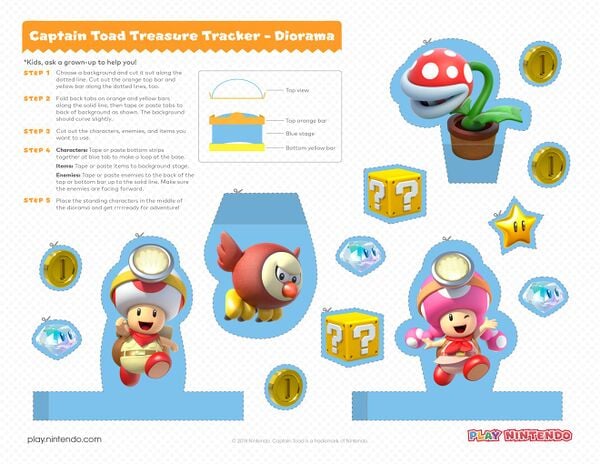 Printable sheet for a Captain Toad: Treasure Tracker diorama set. This printable specifically promotes the Nintendo Switch and Nintendo 3DS versions of the game.