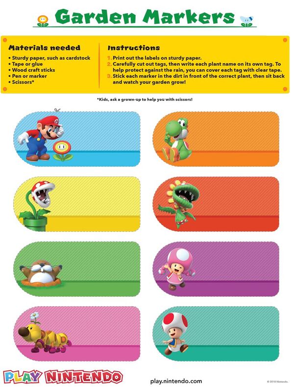 Printable sheet for a set of garden labels featuring Mario characters