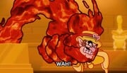 A lava hand emerging and snatching Wario to drag him inside its hole