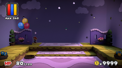 Mario near the Balloons Thing in Plum Park of Paper Mario: Color Splash.