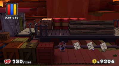 Mario near colorless Eekhammer x3, Hopslipper x3 and Iron Jump x3 Battle Cards in Sunset Express of Paper Mario: Color Splash.