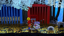 Mario getting a Coin from a bush in The Great Tree of Paper Mario: The Thousand-Year Door for Nintendo Switch.