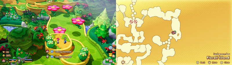 Mario and Luigi near a Sprite Bulb Nest on Florall Island of Mario & Luigi: Brothership.