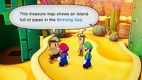 The treasure-hunting brothers on Allsand Island during the The Left-Behind Toad side quest in Mario & Luigi: Brothership