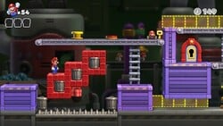 Screenshot of Mario Toy Factory level 1-4+ from the Nintendo Switch version of Mario vs. Donkey Kong