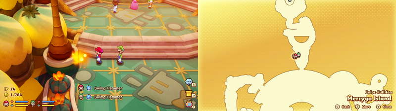 Mario and Luigi near a Sprite Bulb Nest on Merrygo Island of Mario & Luigi: Brothership.