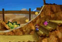 Mario finding 3 Coins on the slope in the second scene of Mt. Rugged of Paper Mario.