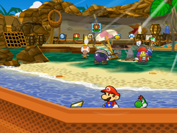 Mario getting the Star Piece at the corner of the beach in Keelhaul Key in Paper Mario: The Thousand-Year Door.