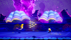 Gameplay in The Dark Depths & the Swirling Currents in Princess Peach: Showtime, showing Mermaid Peach looking concerned about malstroms in the distance on her left, two giant clams waggling by, 10 fish, and Ribboner dancing on the seafloor with a sub-level elevator spot next to him.