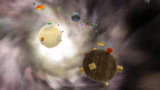 A screenshot of Battle Belt Galaxy during the "Mini-Planet Mega-Run" mission from Super Mario Galaxy 2.