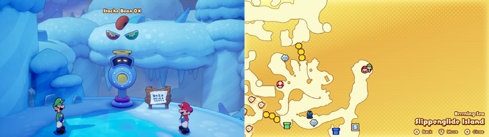 Mario and Luigi getting a Stache Bean DX from the Concordia Hammer-Rally machine on Slippenglide Island from Mario & Luigi: Brothership.