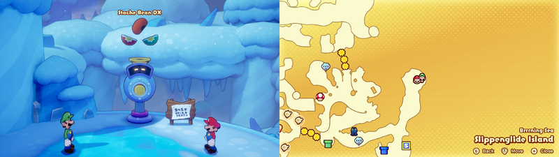 Mario and Luigi getting a Stache Bean DX from the Concordia Hammer-Rally machine on Slippenglide Island from Mario & Luigi: Brothership.
