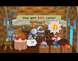 Mario getting 200 Coins from the innkeeper in Fahr Outpost of Paper Mario: The Thousand-Year Door.