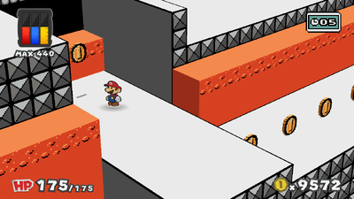 Mario near a Coin in Green Energy Plant of Paper Mario: Color Splash.