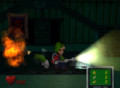 A test room version of the Foyer in the south center. There is a different wall design, a mirrored and flatter clock, a ladder, no handrails, one normal room door, a different carpet, the Mario painting from the Secret Alter, Shivers, a candle, fire from the Boneyard door in the Kitchen, King Boo, Toad, and Luigi's right hand during door opening cutscenes.