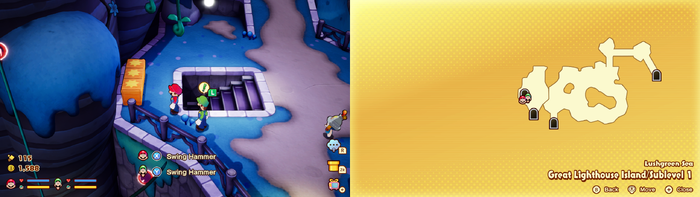 Mario and Luigi near wooden crates containing 2 Coins on Great Lighthouse Island of the Lushgreen Sea of Mario & Luigi: Brothership.