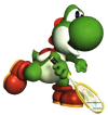 Yoshi holding a tennis racket as he appeared in the game Mario Tennis 64