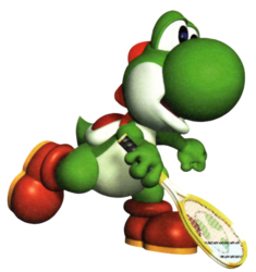 Yoshi holding a tennis racket as he appeared in the game Mario Tennis 64