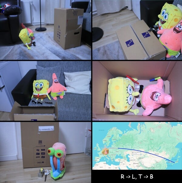 Six photographs are arranged in a right to left, top to bottom comic format. The first shows Spongebob and Patrick plushes looking at a box on its side. The second shows the same two plushes looking at the box, now turned so its top opening is visible. In the third photo, the two plushes are on a couch, placing them above the box, which is open. In the fourth, the two plushes are inside the box, facing each other. The fifth image depicts a plush of Gary the Snail, in front of the box, a roll of tape and scissors nearby, with the box labeled "to Nintendo HQ". The sixth image is a screenshot depicting a flight from Germany to Japan on Google Maps.