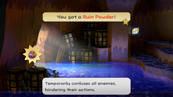 Mario getting a Ruin Powder from behind a barrel in Pirate's Grotto of Paper Mario: The Thousand-Year Door for Nintendo Switch.