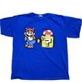 Raccoon Mario attacking a ? Block and getting a Super Mushroom from Super Mario Bros. 3 by Delta Apparel,[7] Fruit of the Loom,[8] and Gildan[9]