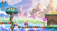 The first 10-flower coin in the Scram, Skedaddlers! level in Super Mario Bros. Wonder, held by a frightened Skedaddler running for its life
