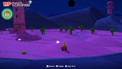 Mario in Scorching Sandpaper West of The Origami King, with 4 visible rocks, each containing a Small Bag of Confetti.