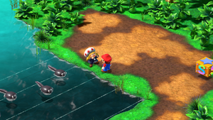 Toadofsky giving Mario Alto, Tenor and Soprano Cards after helping him with compositions in Tadpole Pond of Super Mario RPG.