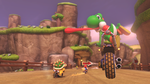 Yoshi, Bowser, Mario, and Koopa Troopa racing on the course