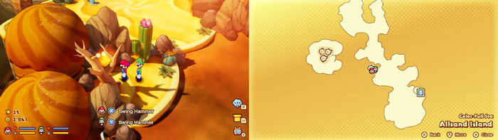 Mario and Luigi near a Sprite Bulb Nest on Allsand Island of Mario & Luigi: Brothership.