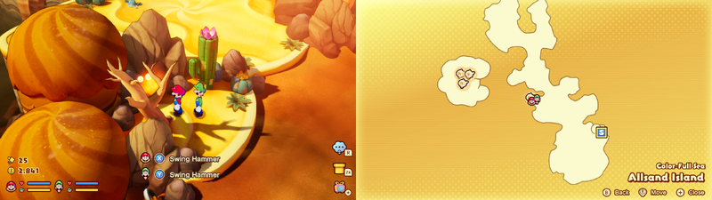 Mario and Luigi near a Sprite Bulb Nest on Allsand Island of Mario & Luigi: Brothership.