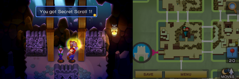 Mario getting the Secret Scroll 1 from inside a rock in Beanbean Fields of Mario & Luigi: Superstar Saga + Bowser's Minions.