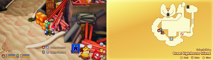 Mario and Luigi near wooden crates containing 3 Coins and 2 10-Coins on Great Lighthouse Island of Color-Full Sea of Mario & Luigi: Brothership.