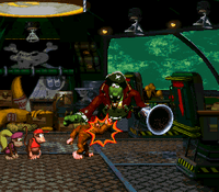 Donkey Kong punches K. Rool in Donkey Kong Country 2: Diddy's Kong Quest.