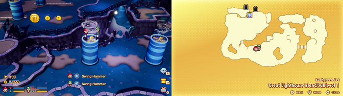 Mario and Luigi near 2 Coins and a 10-Coin on Great Lighthouse Island of the Lushgreen Sea of Mario & Luigi: Brothership.