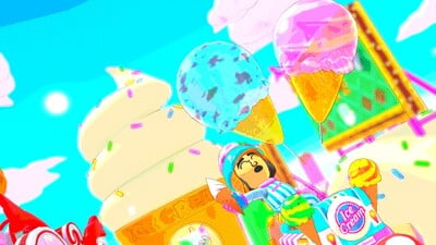 Sky-High Sundae: A driver in the Ice-Cream Mii Racing Suit gliding with the Ice-Cream Minibus and the Mint & Berry Balloons