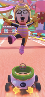The Wendy Mii Racing Suit performing a trick.