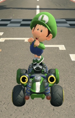 Baby Luigi performing a trick.