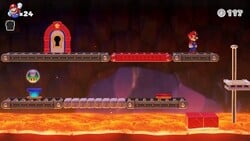 Screenshot of Fire Mountain level 3-6 from the Nintendo Switch version of Mario vs. Donkey Kong