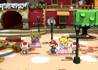 Duplicates of Princess Peach and Toad near the fountain of Port Prisma.