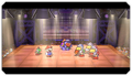 Mario, Mini-Yoshi, and Grubba in the Glitz Pit facing off against Hamma, Bamma, and Flare.