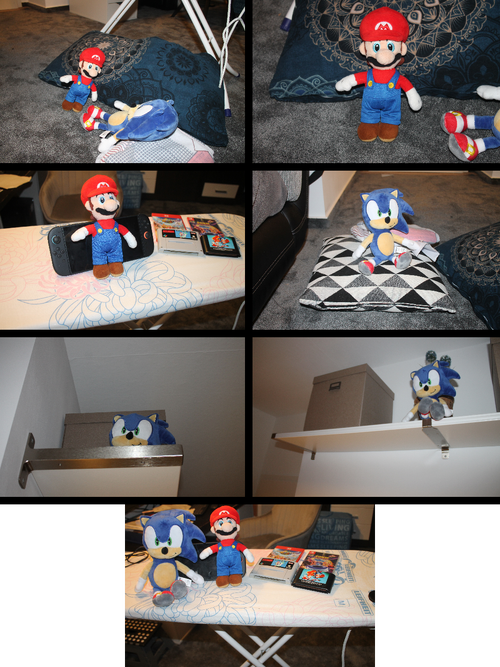 Seven photographs are shown in comic format, arranged left to right, top to bottom. The first shows Mario and sonic sitting on a pillow. The second shows Mario starting a jump. The third shows Mario has jumped to a higher place than Sonic. The fourth shows Sonic is on the pillow and starting to jump. In the fifth, Sonic is jumping higher than Mario. In the sixth, Sonic is starting to jump to the high place where Mario is. In the seventh and final image, Mario and Sonic are in the same place.