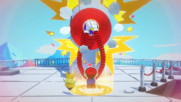 Mario using the 1,000-Fold Arms move on the Red Streamer.