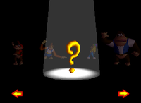 Donkey Kong locked in Donkey Kong 64, indicated by a normally-unseen yellow question mark in the Tag Barrel